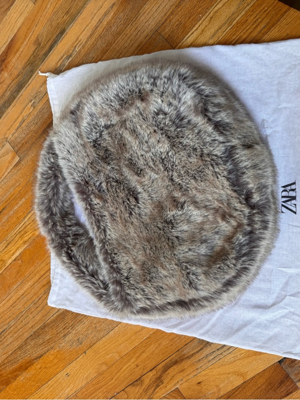 Zara Round Faux Fur Tote in Gray-Brown